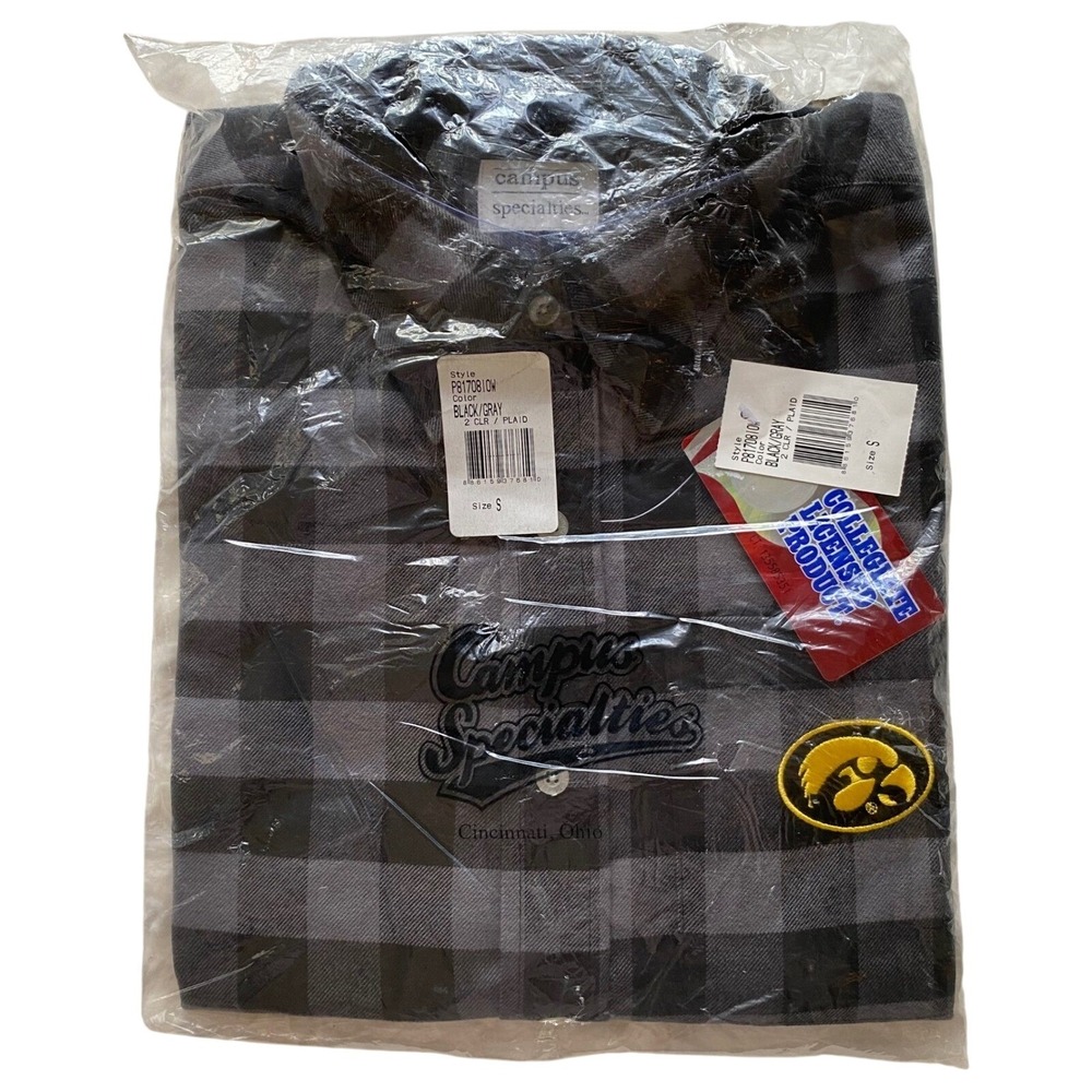 Campus Specialties Iowa Hawkeyes Flannel Shirt Mens Small Black Gray Plaid NCAA